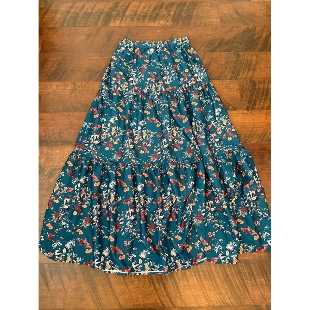 Chaolilai Floral Teal Tiered Maxi Peasant Skirt Elastic Waist Women Medium